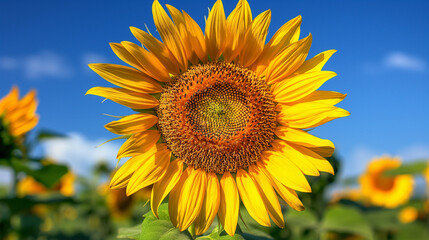 Naklejka premium A vibrant sunflower in full bloom, its petals perfectly arranged, on a clear blue sky background,