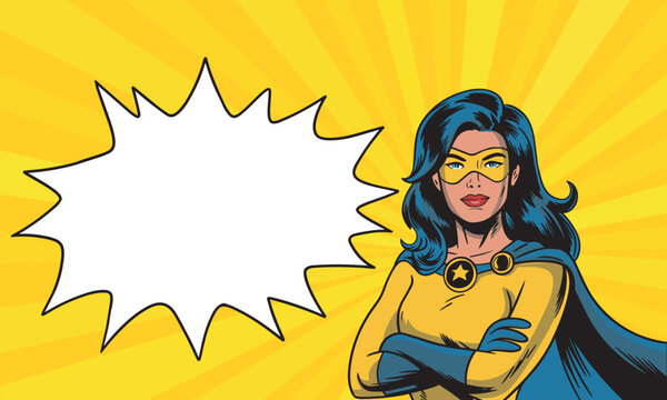 Vector illustration of superwoman in retro pop art comic style. Beautiful girl in superhero costume with speech balloon