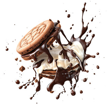 broken Sandwich cookies with cream flaying on transparent png