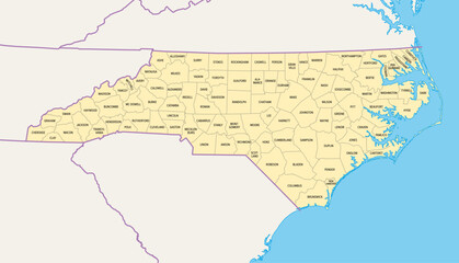 Fototapeta premium North Carolina counties, political map with borders county names. State in the Southeastern region of United States, subdivided into 100 counties. Nicknamed The Tar Heel State and The Old North State.