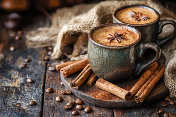 Cup of spiced coffee with cinnamon sticks and star anise on a rustic table setting.