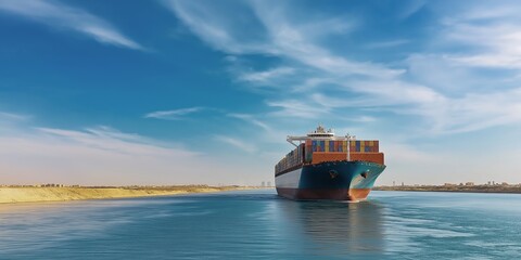 Naklejka premium Cargo ship sails through the calm waters of the Suez Canal, clear blue sky and desert landscape stretch along the horizon, copy space, selective focus
