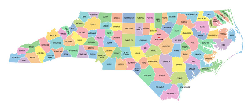 North Carolina, U.S. state, subdivided into 100 counties, multi colored political map with capital Raleigh, borders and county names. State in the Southeastern region of United States. Tar Heel State.