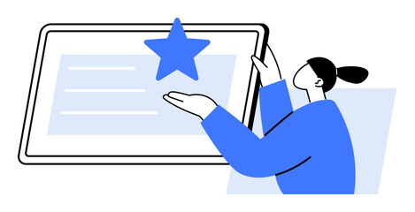Person pointing to a star on a tablet screen. Ideal for education, achievement, digital learning, recognition, awards. Simple, clean vector.