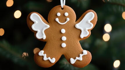 Fototapeta premium A festive gingerbread angel cookie ornament delightfully hanging on a Christmas tree adorned with twinkling lights
