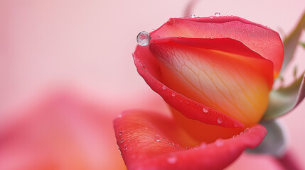 A close-up of a single, vibrant red rose petal with a droplet of water at its tip, on a soft pink background