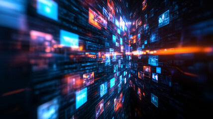 Obraz premium A dynamic digital landscape featuring colorful screens and data streams, suggesting depth and connectivity in the virtual realm.