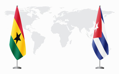 Ghana and Cuba flags for official meeting against background of world map.