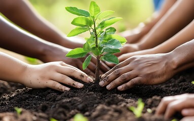 Fototapeta premium Cultivating Diversity: Close-up of Diverse Hands Planting Tree Symbolizing Growth and Inclusion