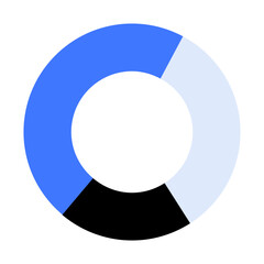 A minimalist circular pie chart with three segments in varying shades of blue and black. Ideal for data analysis infographics presentations business reports and statistics Modern simple clean
