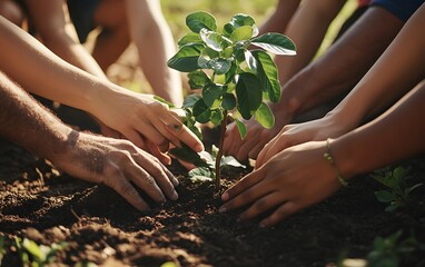 Cultivating Diversity: Close-up of Various Hands Planting a Tree Symbolizing Growth and Inclusion