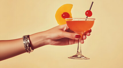 a vintage retro female hand holding a cocktail isolated on a plain background, 1960s and 70s style