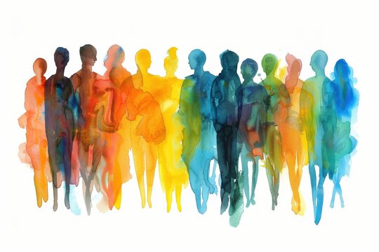 A group of people are painted in different colors, with some being blue, yellow, generative ai image