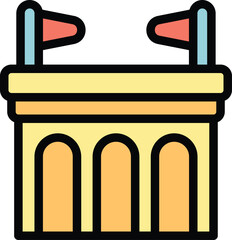 Vip zone with red flags waving on empty stadium tribune is waiting for important guests