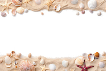 Sand and sea shells on white background