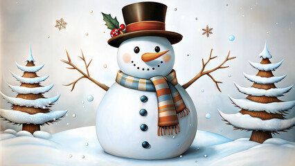 Fototapeta premium Christmas snowman with a hat and scarf in a snowy landscape