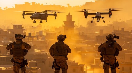 Silhouette of a soldier operating drones for military combat and reconnaissance missions