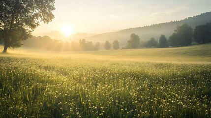 Obraz premium Tranquil Morning in Serene Meadow: Embracing Equanimity with Soft Light and Calm Breeze