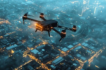 Naklejka premium Drone flying over futuristic city with digital HUD