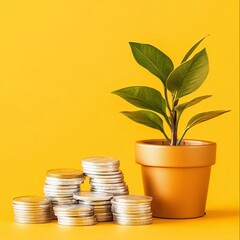 Gold and Silver Coins Piled Next to a Green Plant Pot Symbolizing Wealth and Prosperity