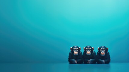 Naklejka premium Three playful chimpanzees sit side by side against a vibrant turquoise background, exuding charm and curiosity.