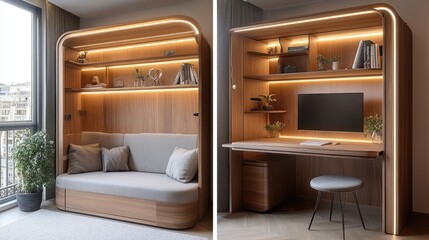 Fototapeta premium A multifunctional unit with a fold-out desk and shelves for a small apartment.