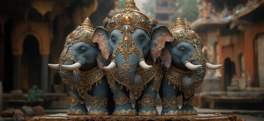Indian decorated elephant. Gold jewelry. Celebrating religious traditional holidays in India. Onam. Holi.