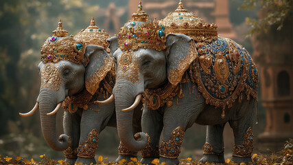 Indian decorated elephant. Gold jewelry. Celebrating religious traditional holidays in India. Onam. Holi.