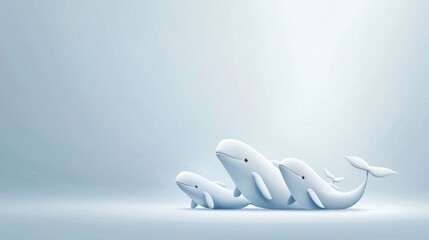 Fototapeta premium Three playful whales swim gracefully in a serene, light-filled underwater scene.