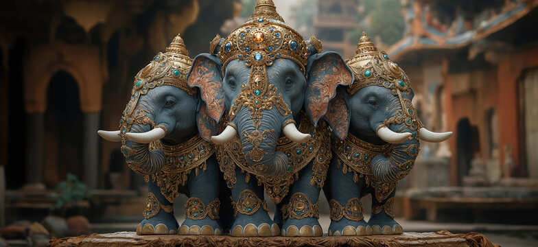 Indian decorated elephant. Gold jewelry. Celebrating religious traditional holidays in India. Onam. Holi.