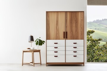 Contemporary Wooden Wardrobe in Serene Home Setting with Scenic View, Minimalist Interior Design Concept