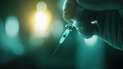 A hand holding a syringe, with a glowing background that suggests a medical or pharmaceutical context.