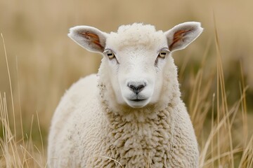 Obraz premium A white sheep standing in a field of brown grass looking directly at the camera with a calm and serene expression.