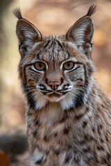 A close-up of a wild lynx with erect ears, showing its spotted fur, taken in a natural setting during the day.