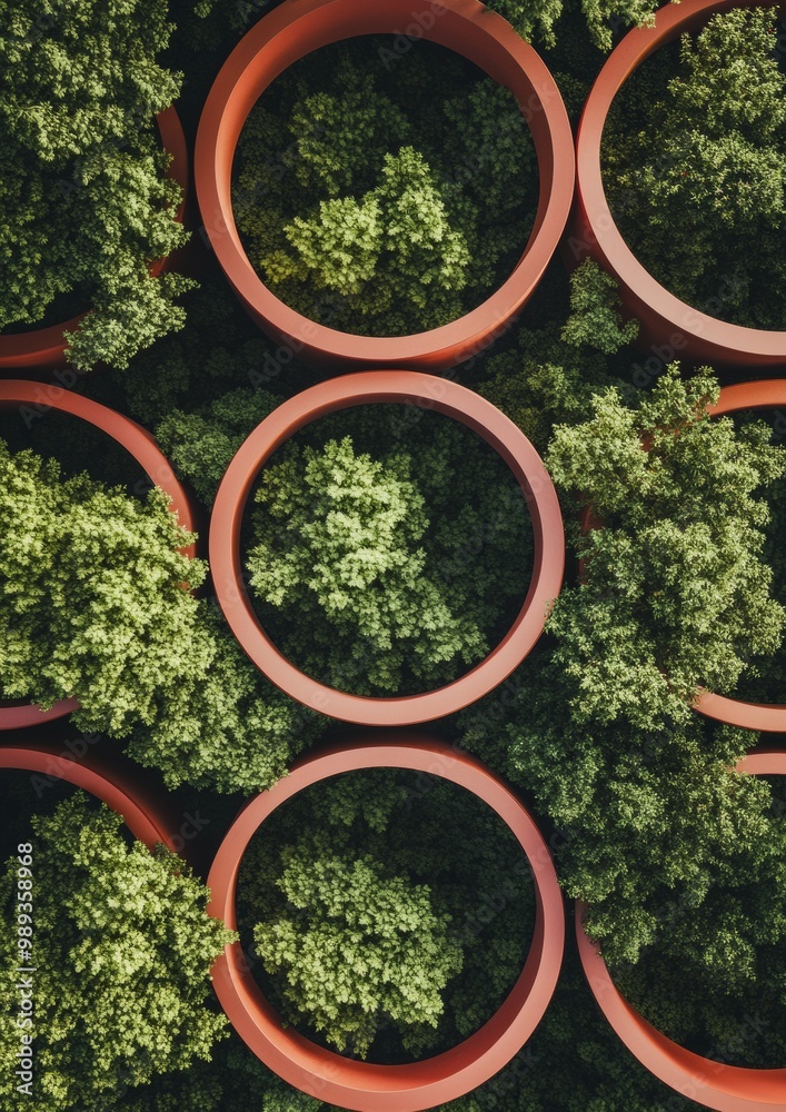 Aufkleber Aerial View of Red Circular Frames with Green Forest Scenes Creating Symmetrical Geometric Patterns