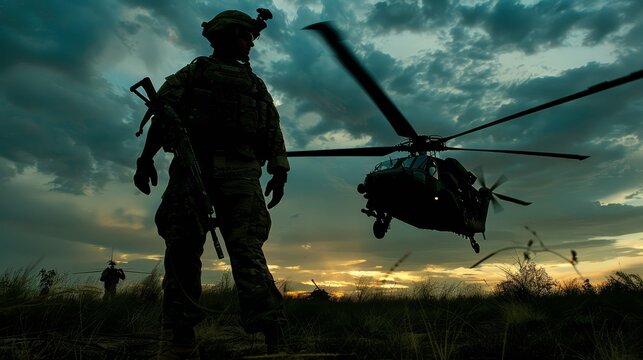 Silhouette of soldier utilizing drones for tactical operations and reconnaissance missions