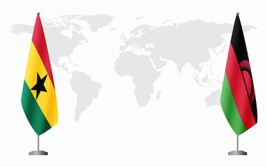 Ghana and Malawi flags for official meeting against background of world map.