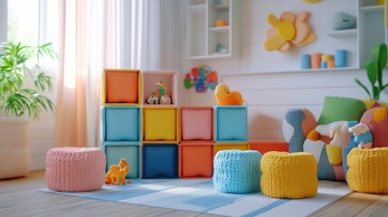 A set of colorful storage cubes with soft bins, arranged neatly in a well-organized kids' room with bright, playful decor.
