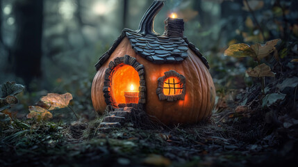 Halloween pumpkin carved in the shape of house with light inside