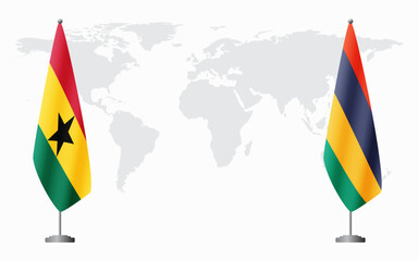 Ghana and Mauritius flags for official meeting against background of world map.