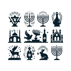 Hanukkah logo Icon Set, Hanukkah decorations silhouette vector art illustration isolated on a white background