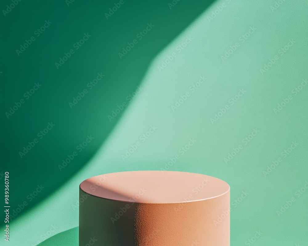 Poster minimalist matte teal podium on vibrant green background with dynamic shadows, modern monochromatic 
