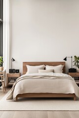 Fototapeta premium Serene Minimalist Bedroom Interior with Beige Bedding and Dark Wood Headboard, Natural Light and Greenery View