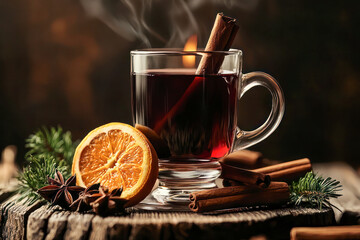 Glass of mulled wine with orange slices, cinnamon sticks, and star anise on a rustic wooden surface.