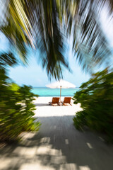Beach loungers and palm leaves with zoom blur effect