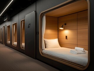 Minimalist Pod Sleeping Compartments in Modern Hostel, Tranquil White Interiors, Futuristic Design Concept, Urban Travel Accommodation