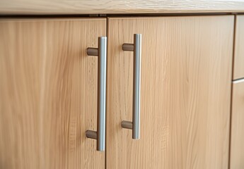Close-up of Light Wooden Cabinet Doors with Silver Handles