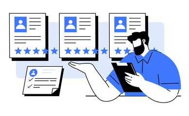 A person is reviewing candidate profiles with ratings. Papers with profiles and star ratings are visible. Ideal for hiring, recruitment, HR management, job applications, and candidate assessment
