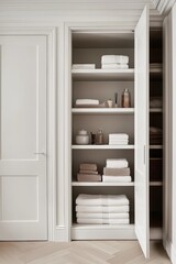 Fototapeta premium Sleek White Cabinet with Open Door and Stylish Interior Shelves, Minimalist Home Decor Concept, Symmetrical Composition with Herringbone Floor, Contemporary Interior Design Inspiration
