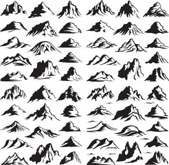 Fototapeta premium Set of Different Types of Black Mountains Silhouettes Against a White Background